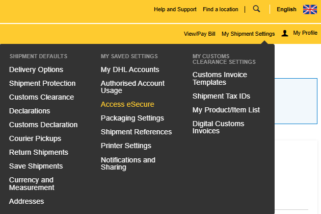 My Shipment Settings > Access eSecure