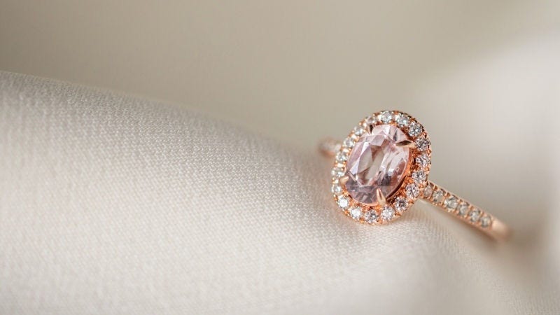 Close-up shot of a jewelry wedding pink diamond ring.