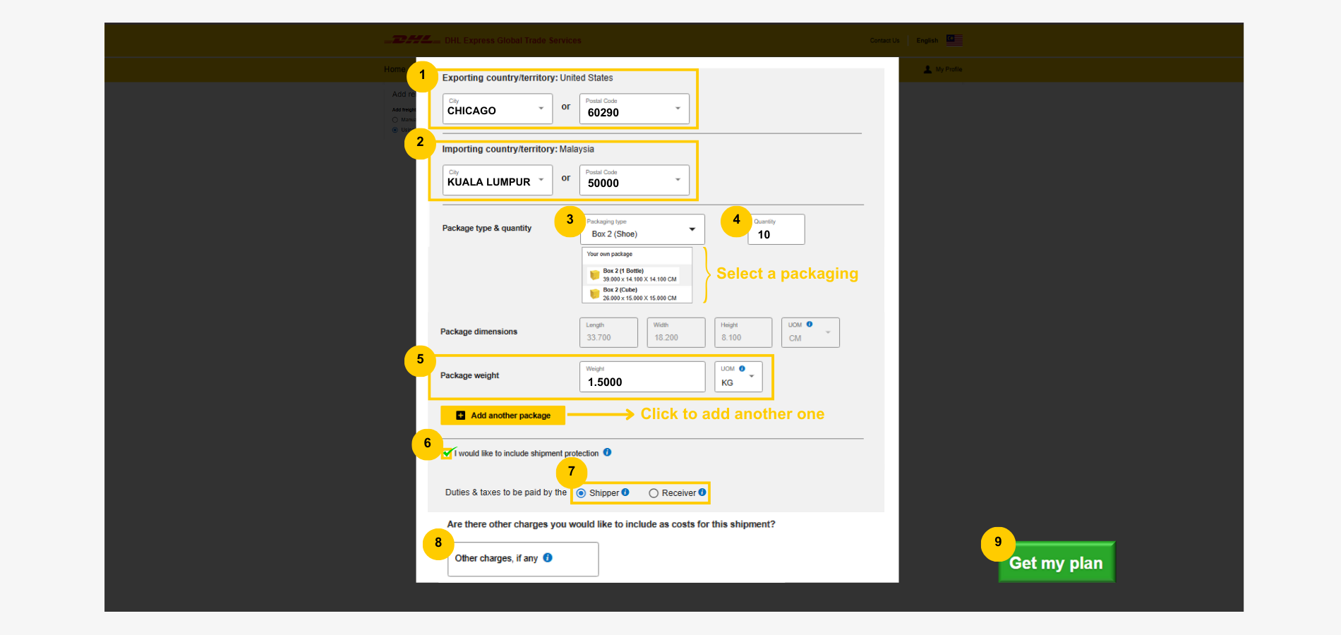 MyGTS Calculate Customs Duties - shipment information MyGTS Calculate Customs Duties - shipment information