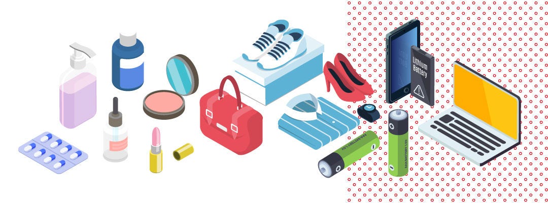 Graphic of various consumer good products - beauty, apparel, batteries