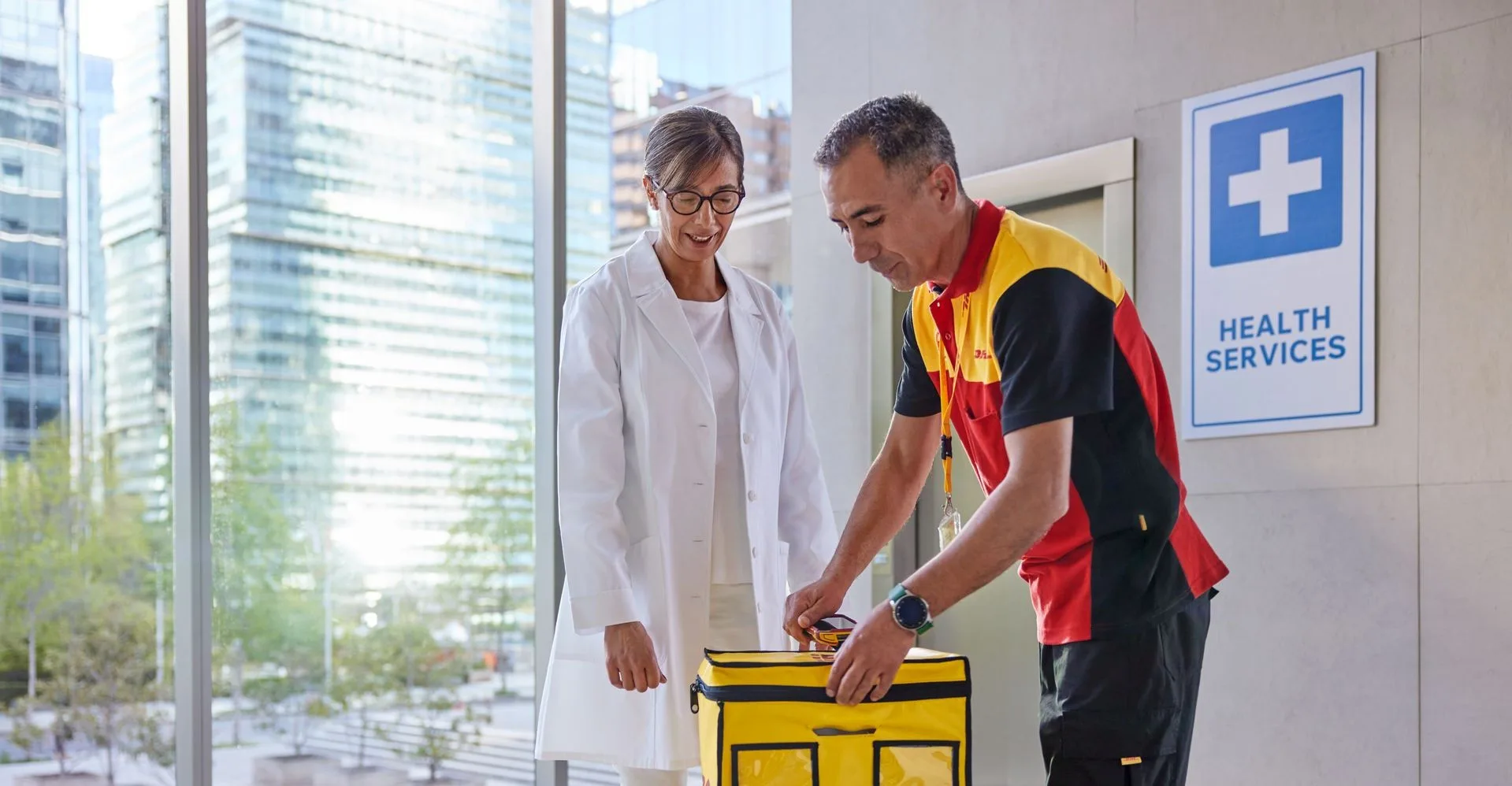 dhl employee offering shipping services for medical supplies