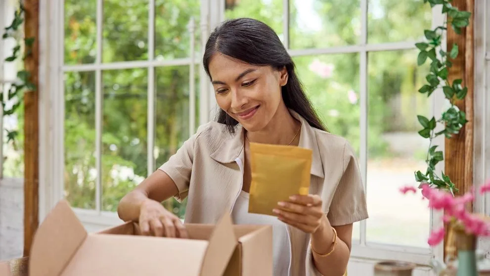 A DHL customer packaging items for shipping