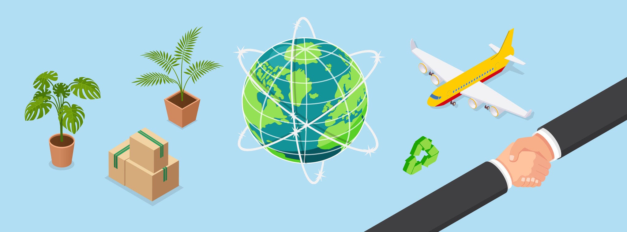 graphic image of a globe, DHL plane, and two hands shaking