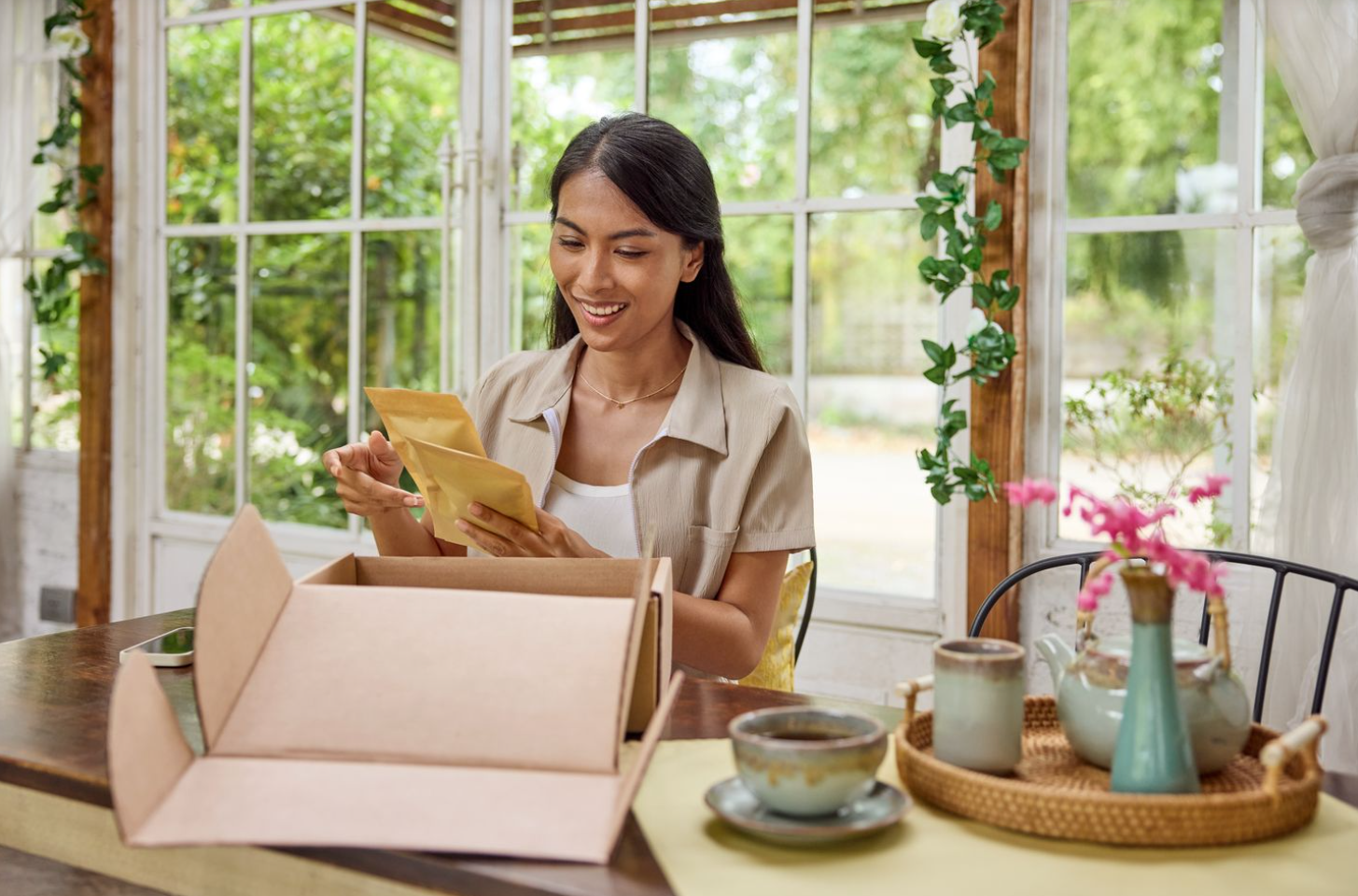 a woman unwraps small wrapped packages at home