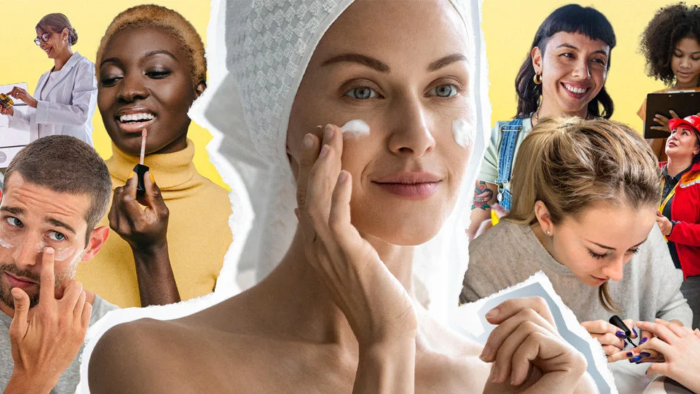 collage of people using cosmetics