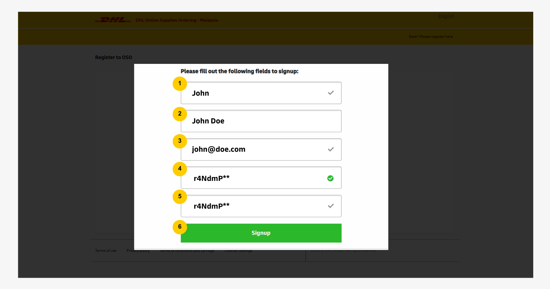 DHL OSO Order Shipping Supply Guide: Registration Form Fill