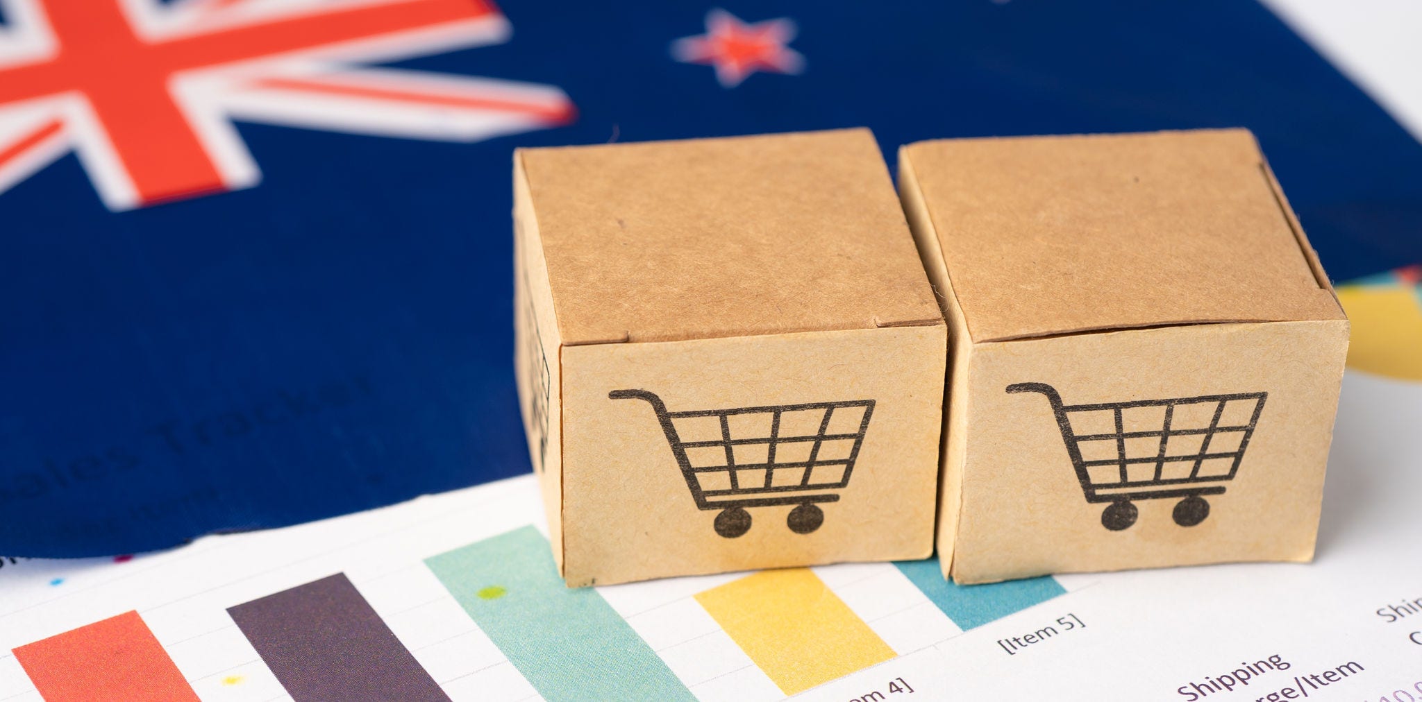 Box with shopping cart logo and New Zealand flag, Import Export Shopping online or eCommerce finance delivery service store product shipping, trade, supplier concept.