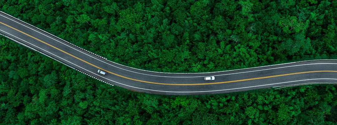 Vue de dessus d’une voiture électrique blanche circulant sur une route forestière vert foncé, une route surélevée entourant la forêt naturelle.