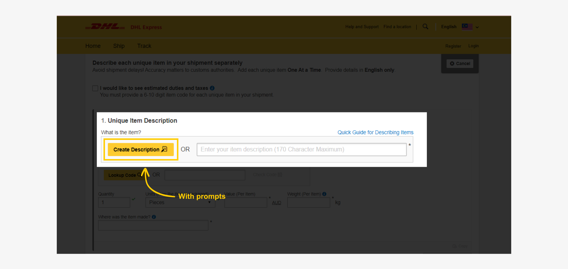 Import Shipment Create Item Description with Assistance on MyDHL Import Shipment Create Item Description with Assistance on MyDHL