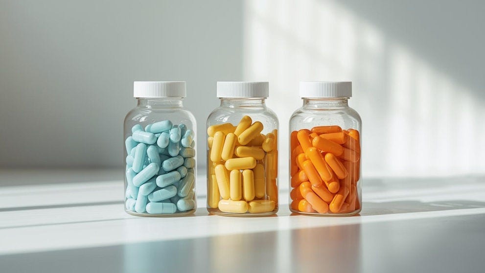 coloured vitamin pills in plastic bottles