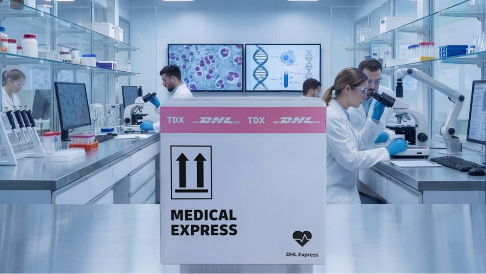 רופאים במעבדה ולצדם אריזה שומרת טמפרטורה של DHL