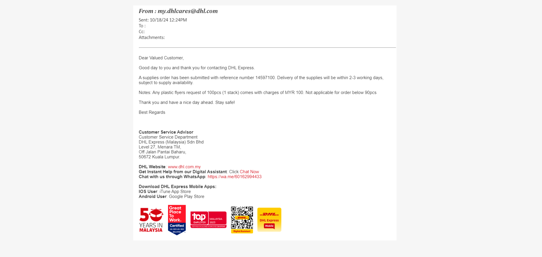 Supplies Order Guide - DHL Packaging Order Guide-Order Confirmation Email DHL order supplies confirmation email sample