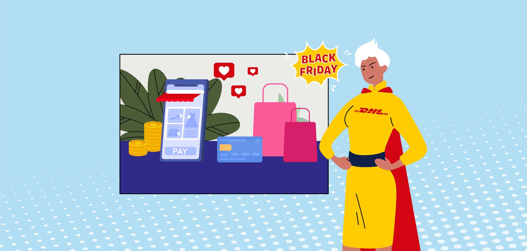 graphic image of superhero with shopping items