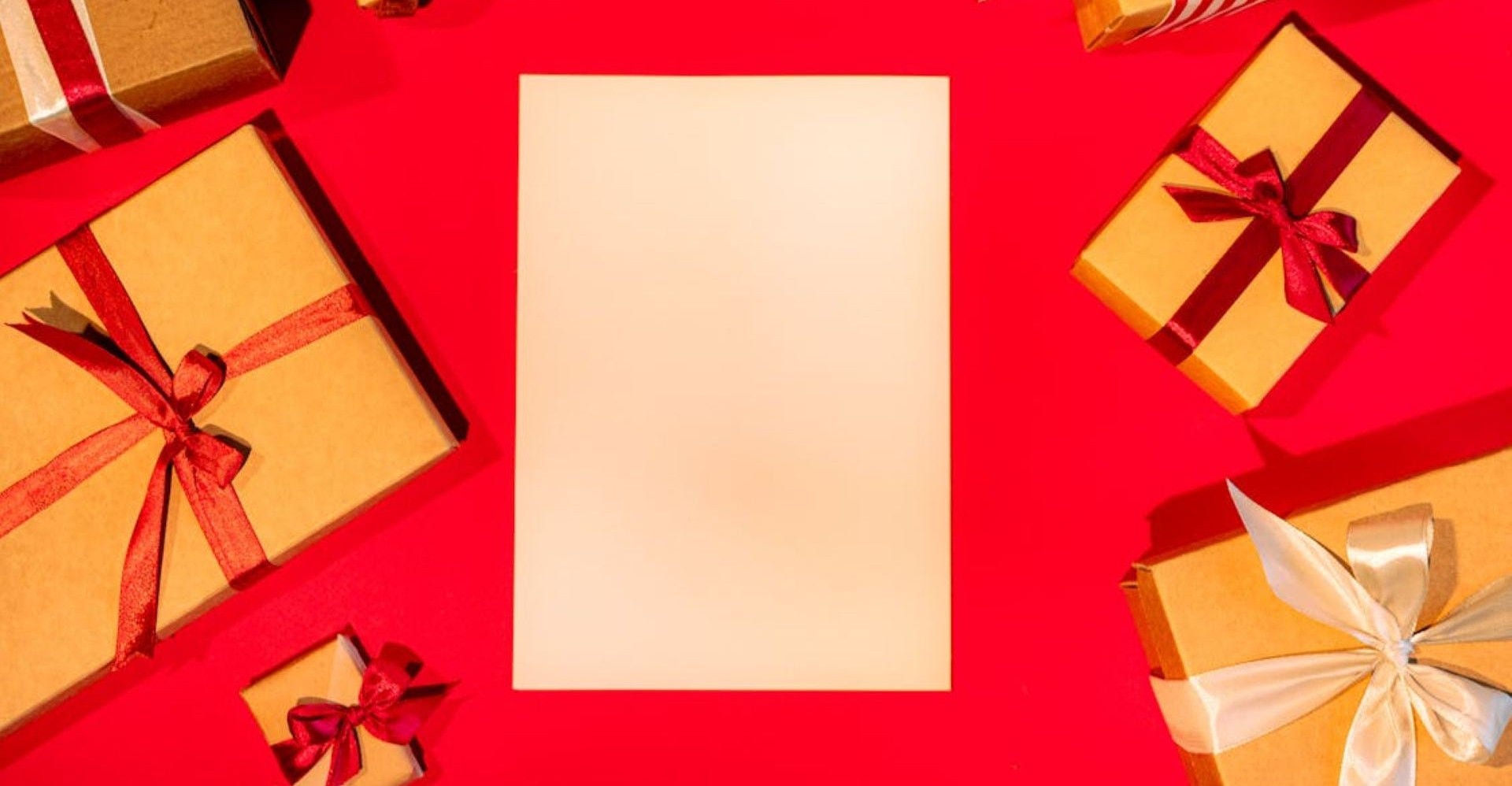 Wrapped packages against a red background.