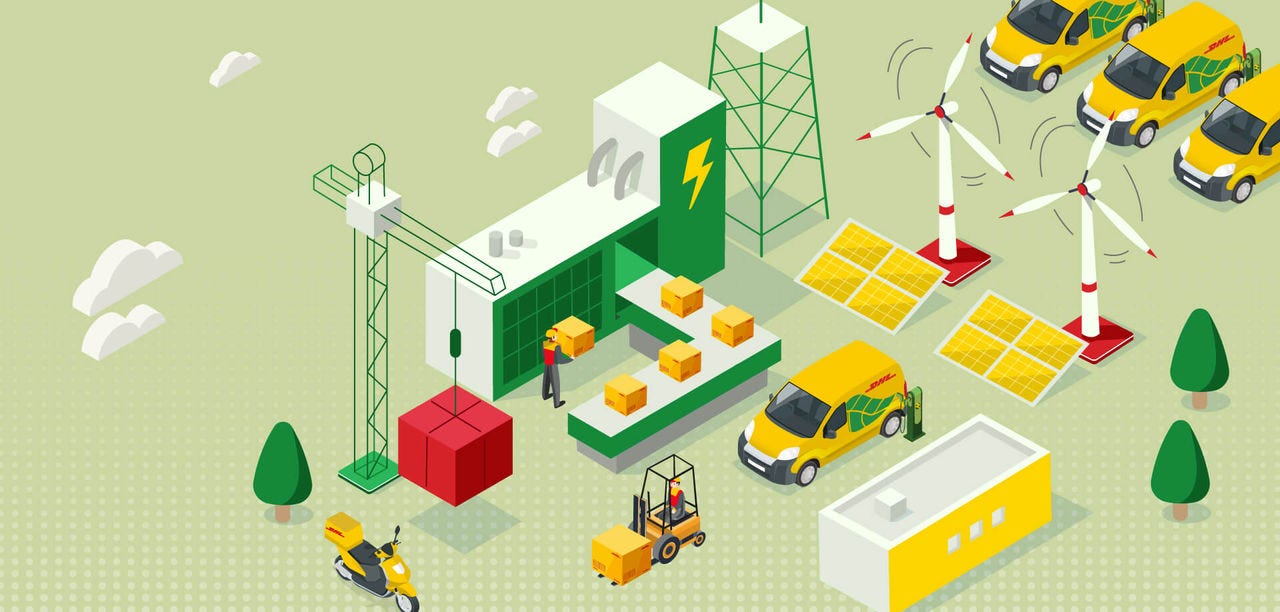 Illustration of DHL trucks with a sustainable warehouse with turbines, solar panels