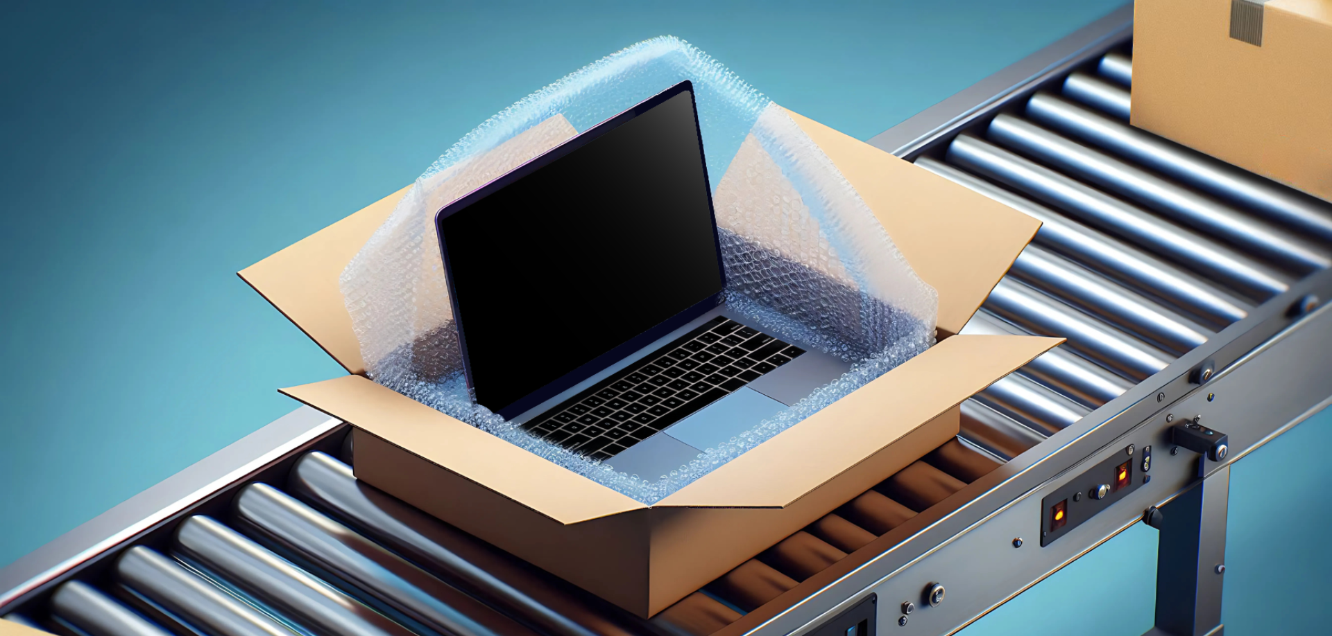 Laptop in a box on a conveyor belt