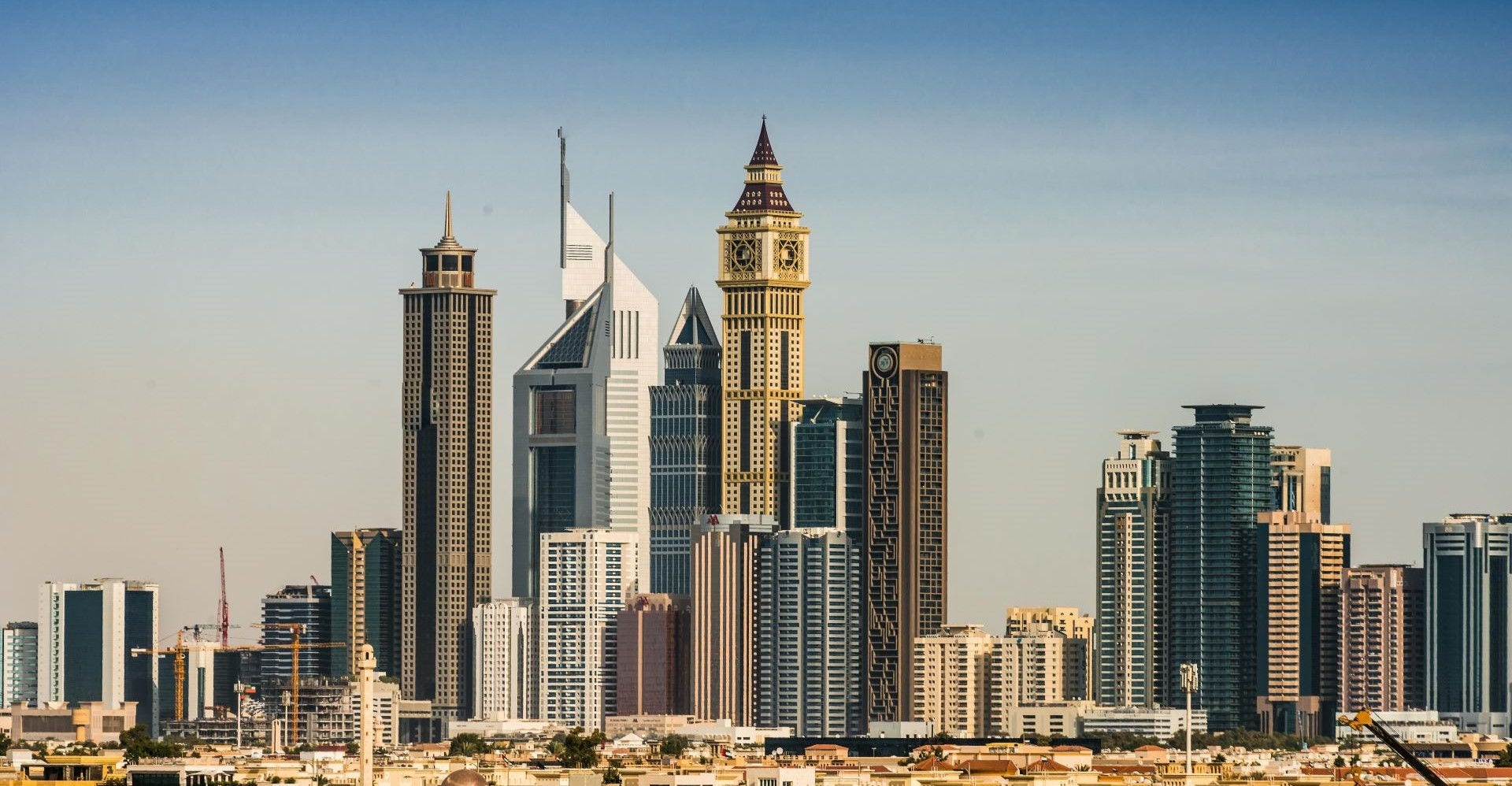 Wide shot of the Dubai city skyline in the UAE
