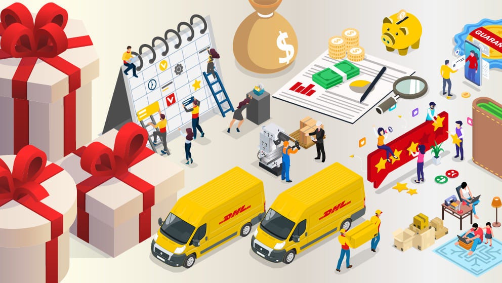 Graphic image of presents and DHL logistics activities