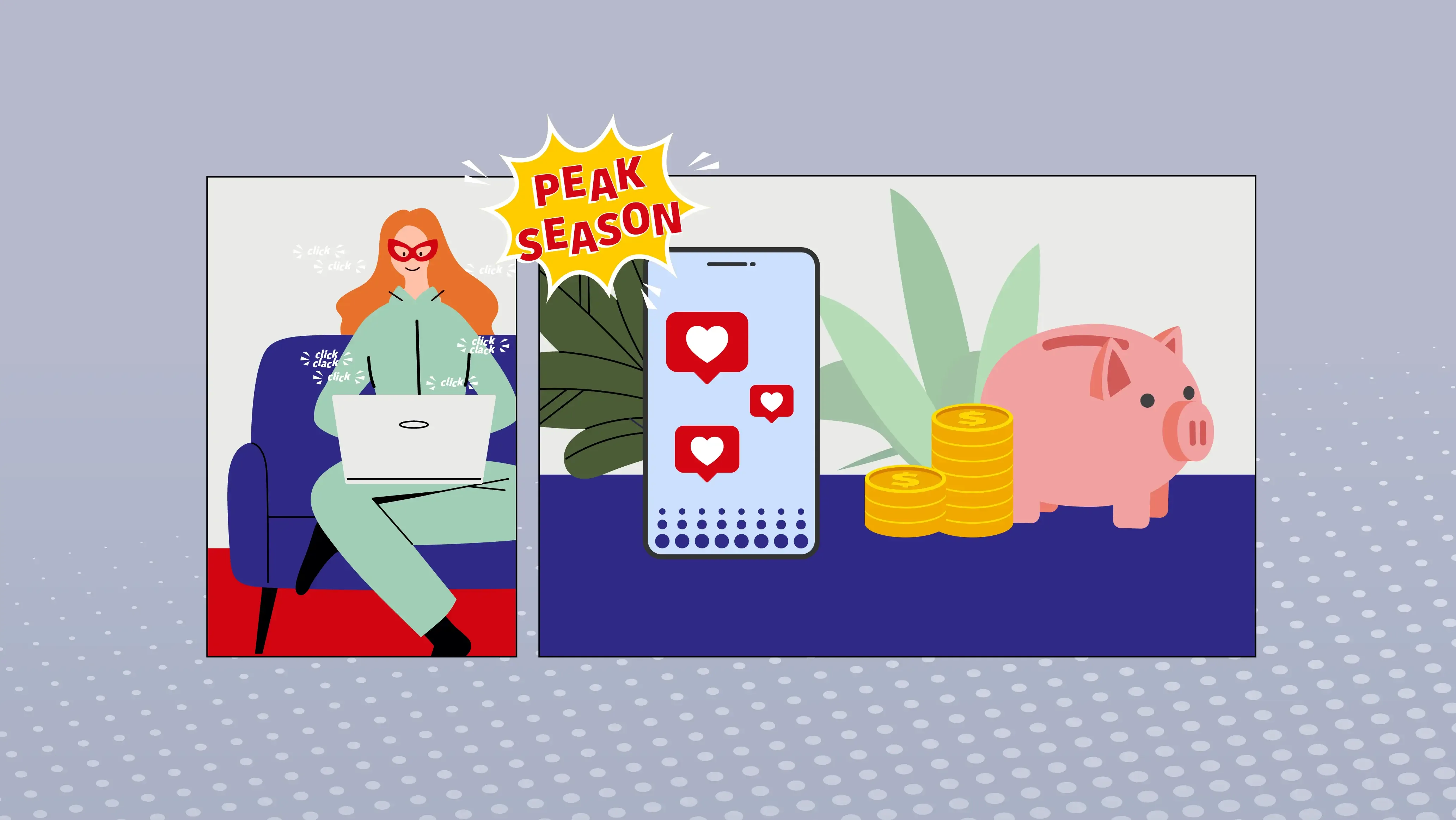 Graphic image with superhero character with piggy bank