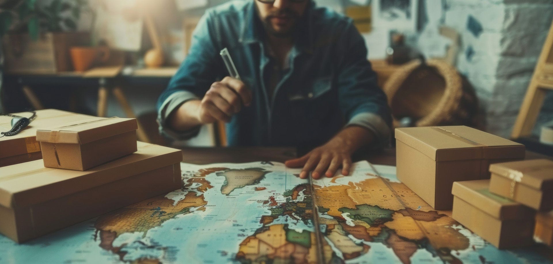 Man looking at a globe with boxes 