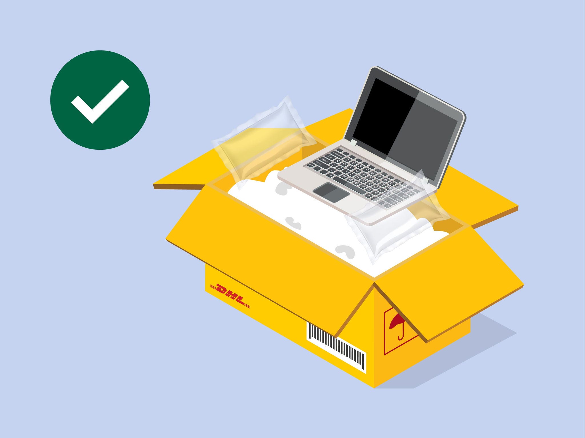 ordinateur portable dans une boîte DHL jaune