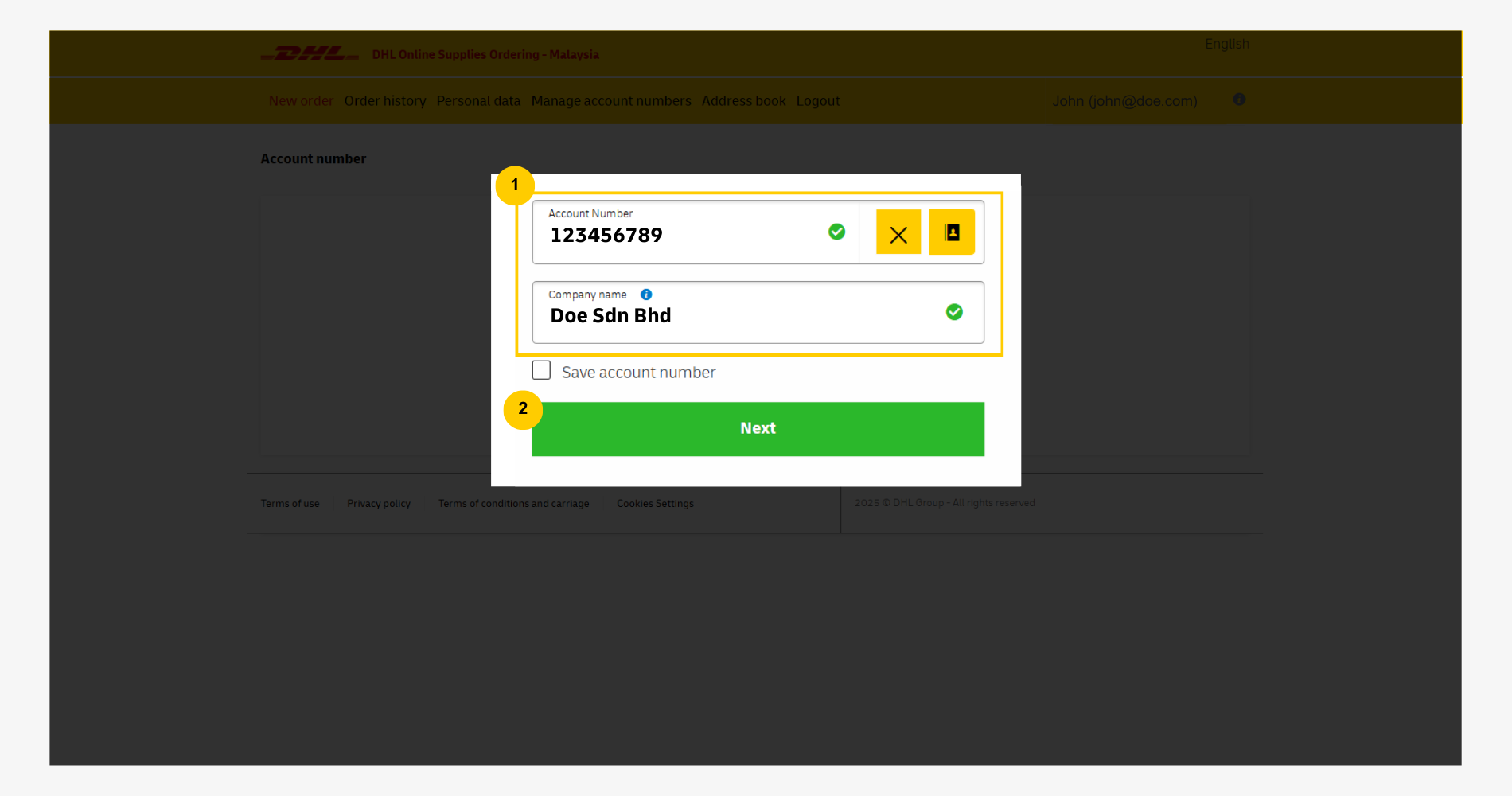 DHL OSO Order Shipping Supply Guide: Selected DHL Account for Ordering