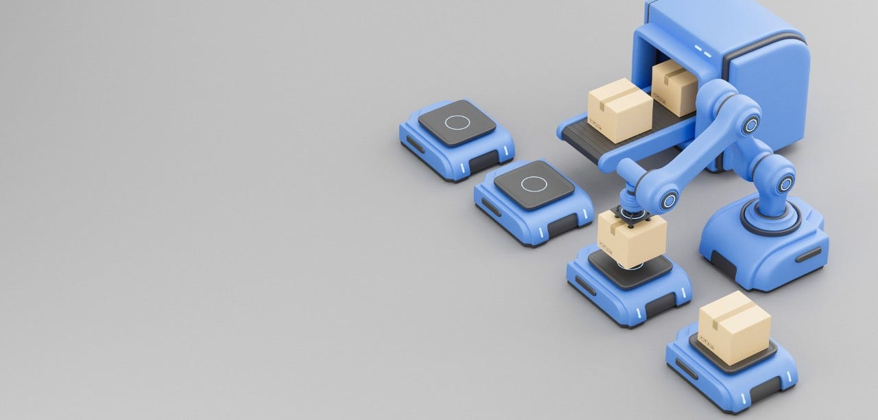 graphic image of robot and parcels on conveyor belts