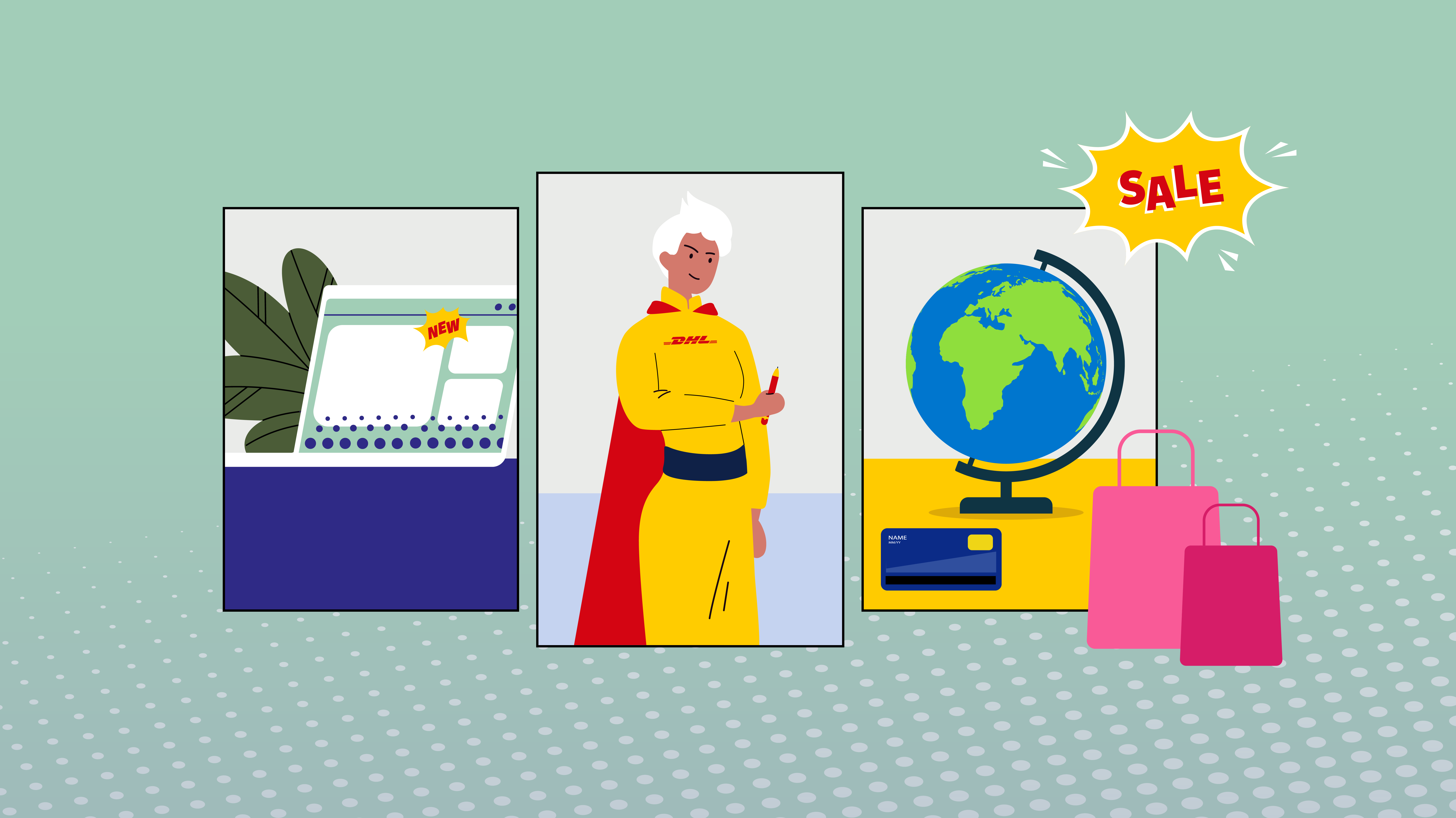 Graphic image with superhero characters and globe