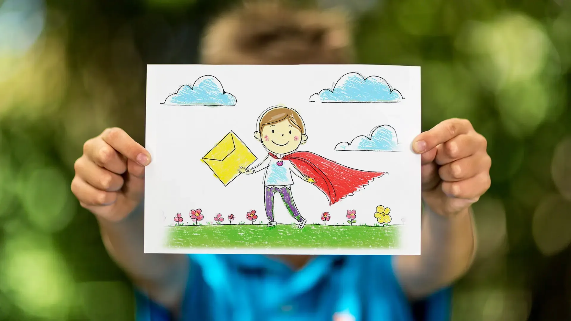 child holding up a drawing