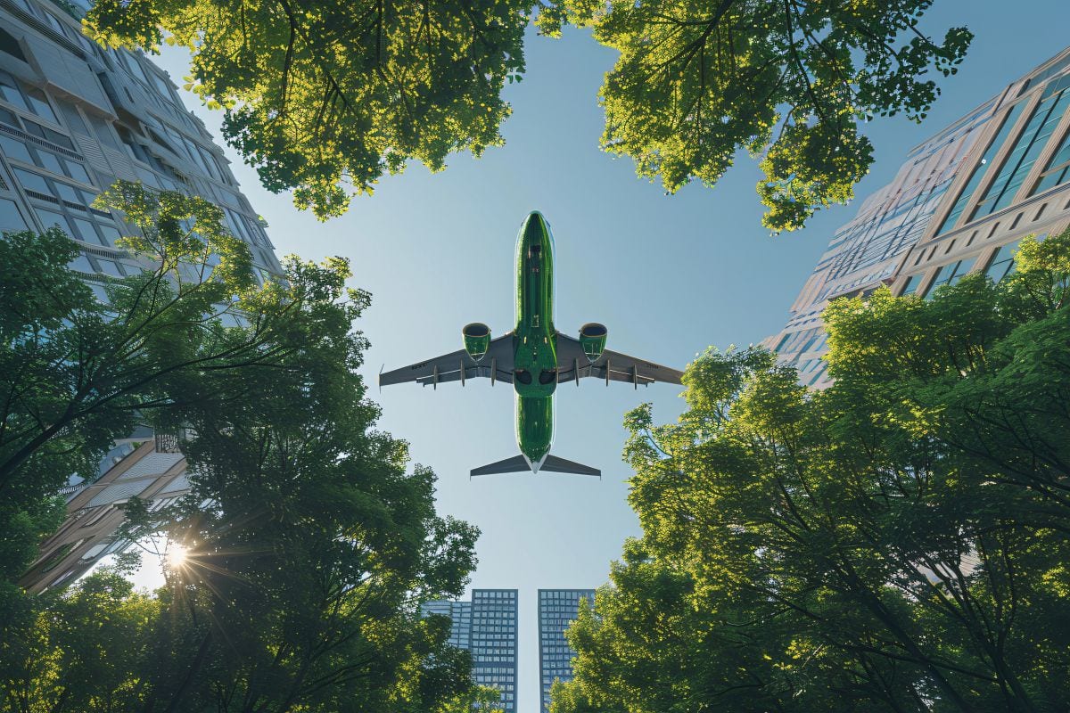 green plane flies over city sustainable logistics