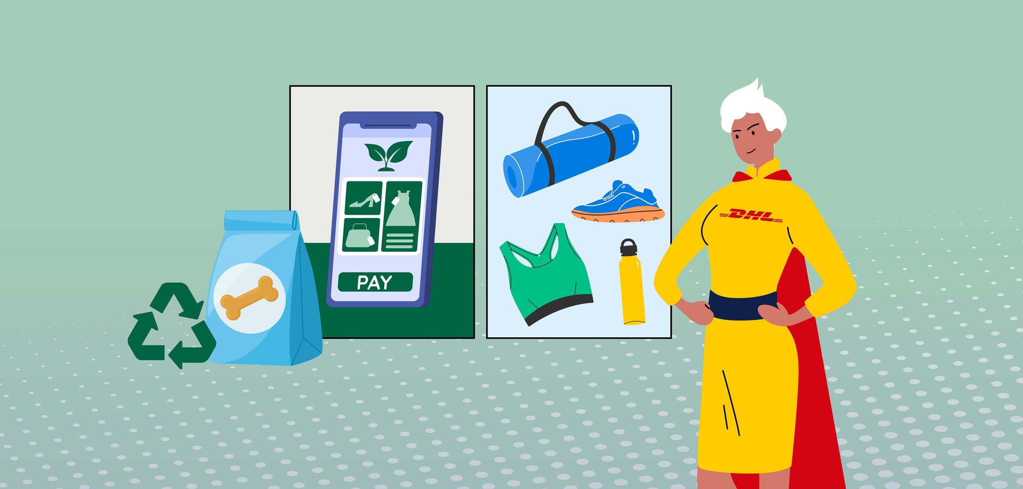 graphic image of dhl superhero and eco friendly products