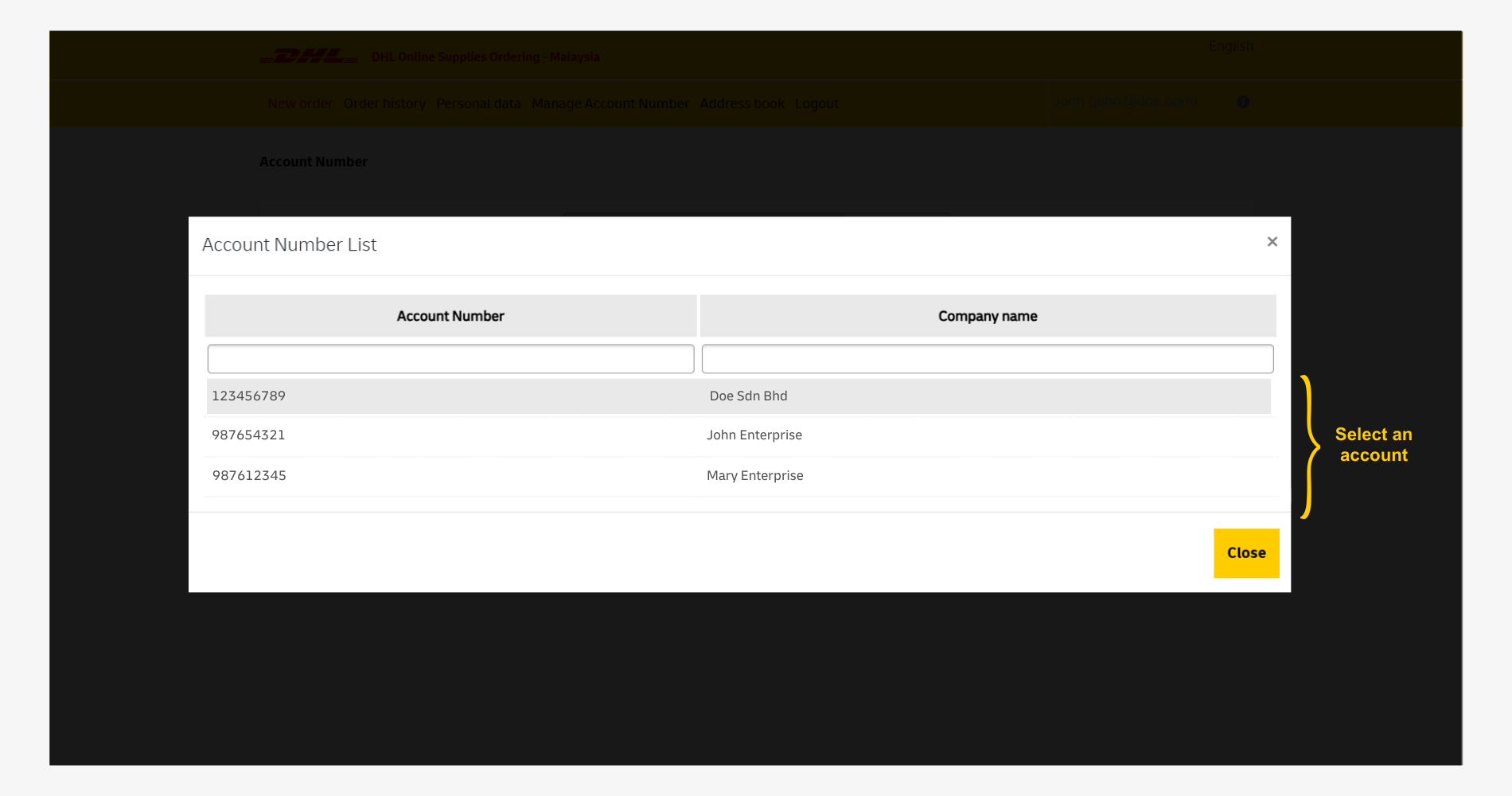 DHL OSO Order Shipping Supply Guide: Select a Saved Account