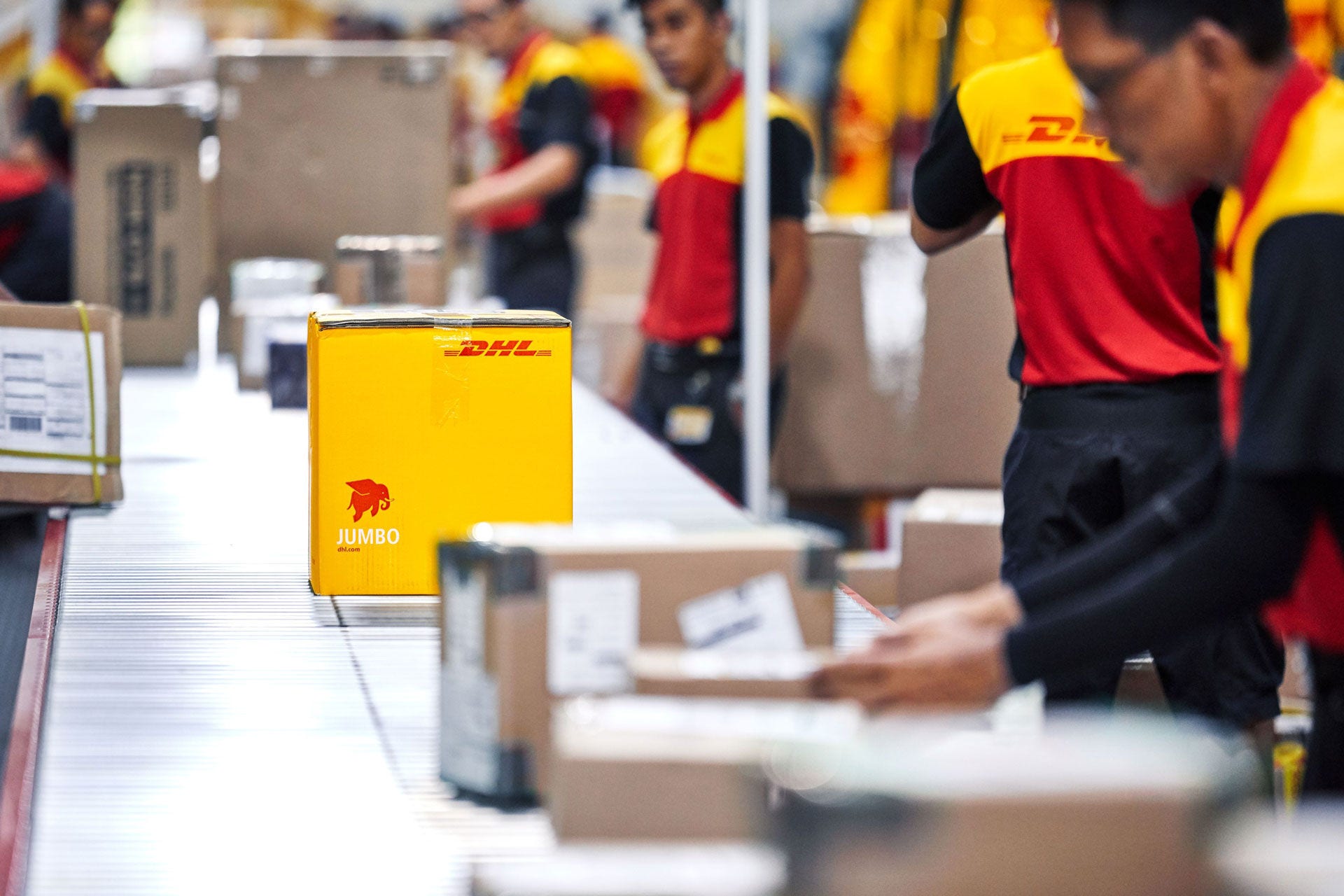 DHL employees working on flat conveyor