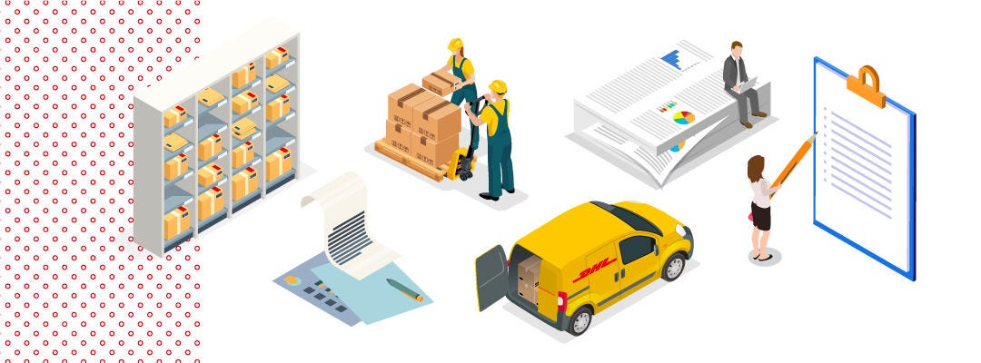 Graphic of DHL van and shipping paperwork