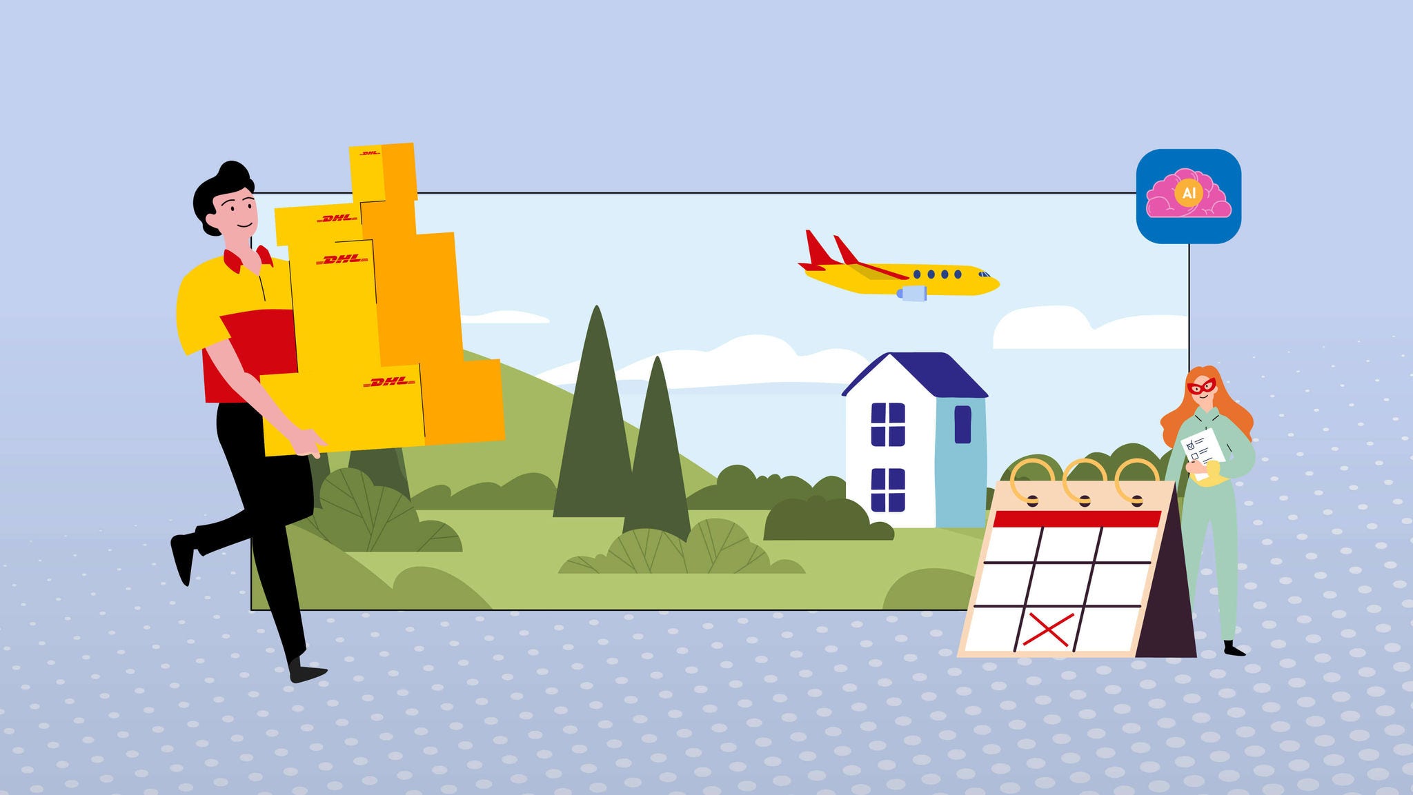 Grafisk billede af DHL Courier: Et hus og et fly
