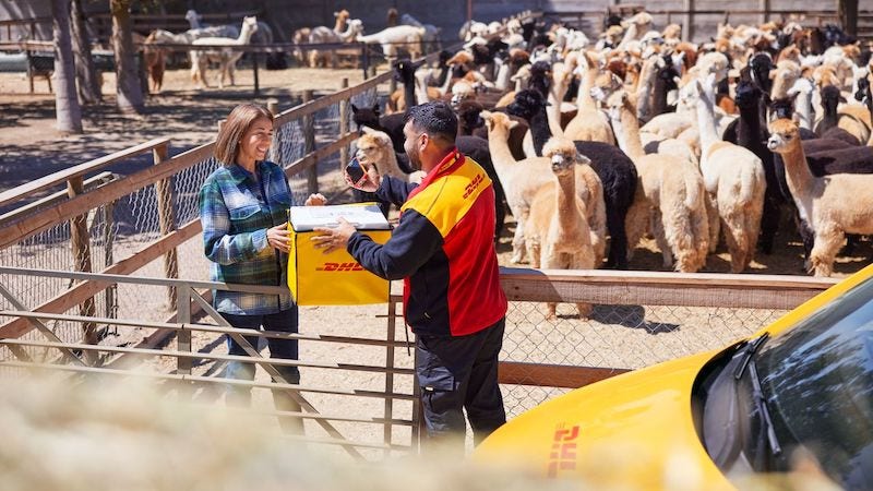 A DHL courier delivers a shipment to a farm