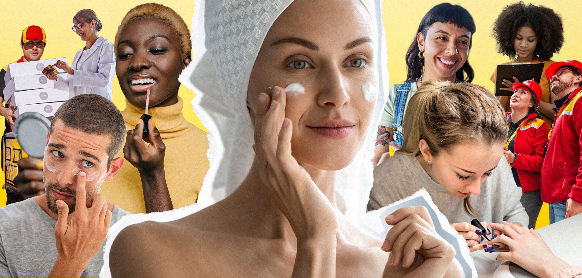 collage of people using cosmetics