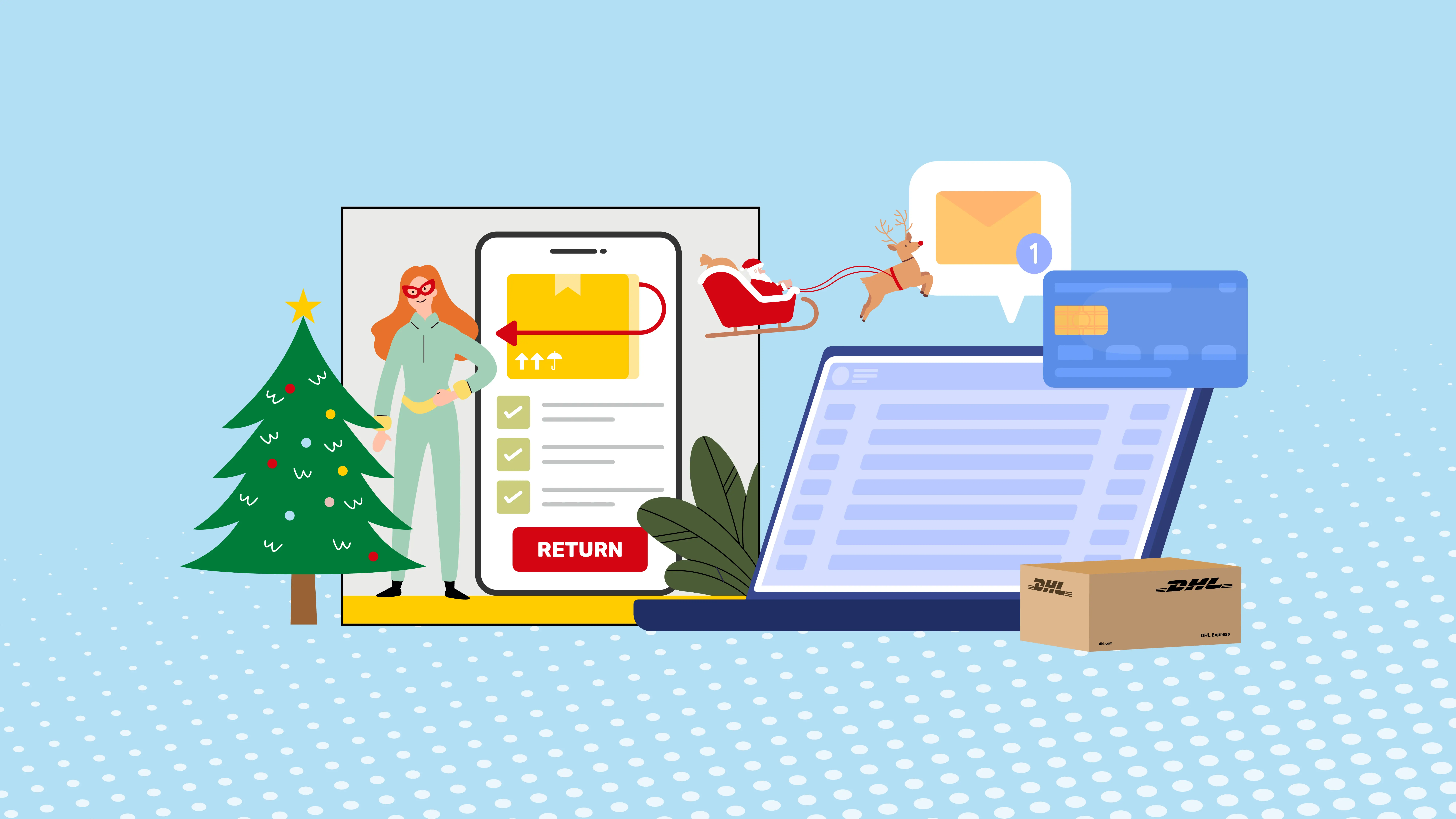 Graphic image with superhero character and holiday shopping items