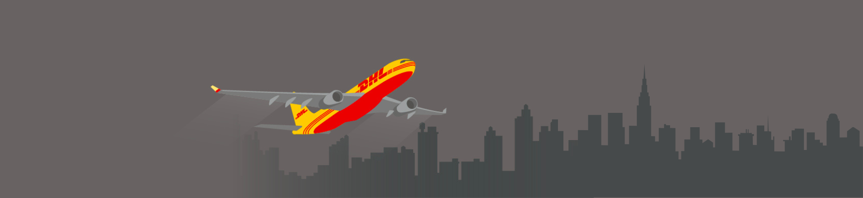 DHL Express plane flying over a city skyline silhouette