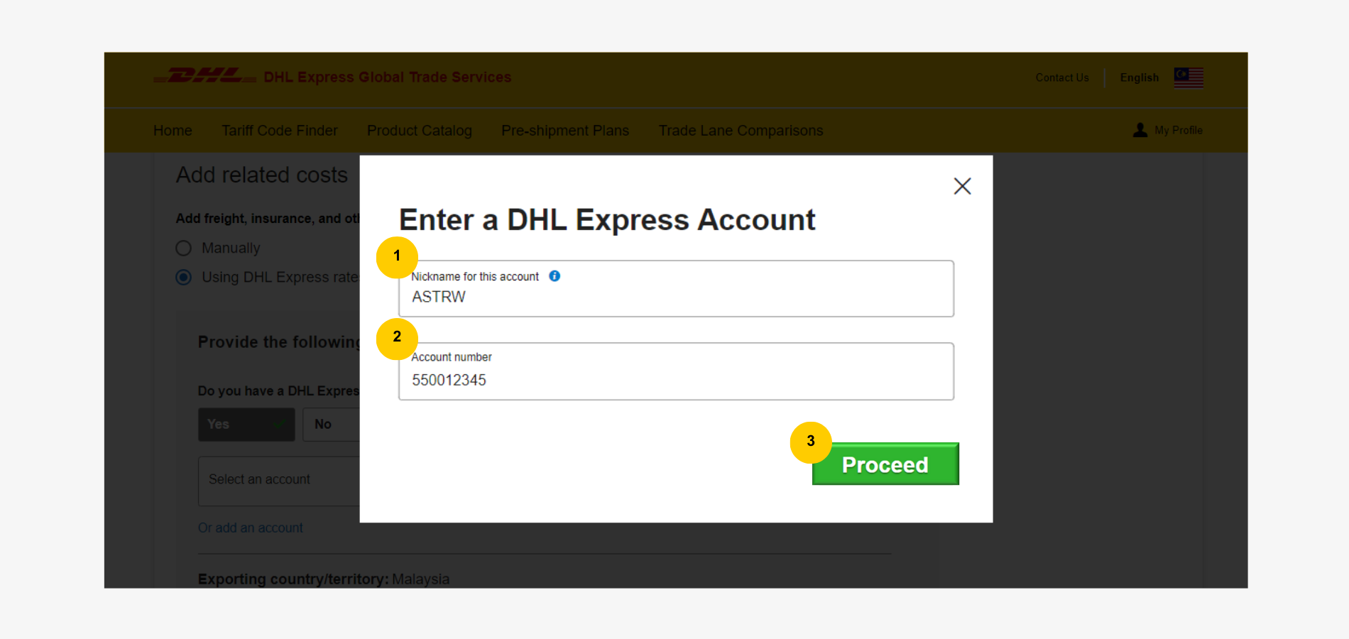MyGTS Calculate Customs Duties - Add DHL Express Account MyGTS Calculate Customs Duties - Add DHL Express Account