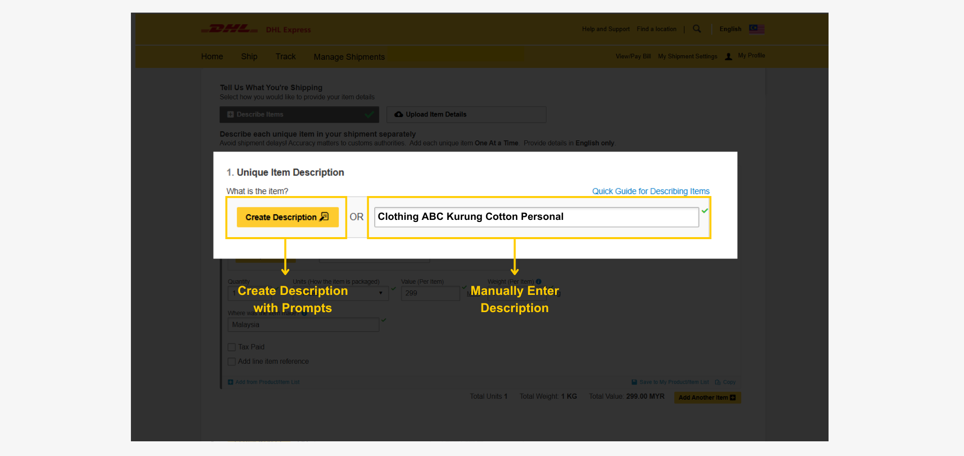 Create a DHL Customs Invoice-Commodity Details-Description Create a DHL Customs Invoice-Commodity Details-Description