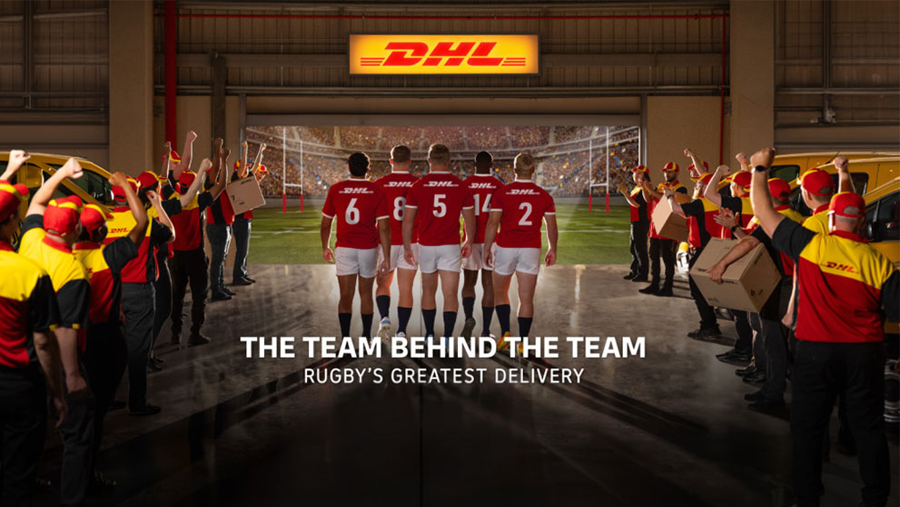 cover image of british and irish lions rugby players with dhl express employees in the background