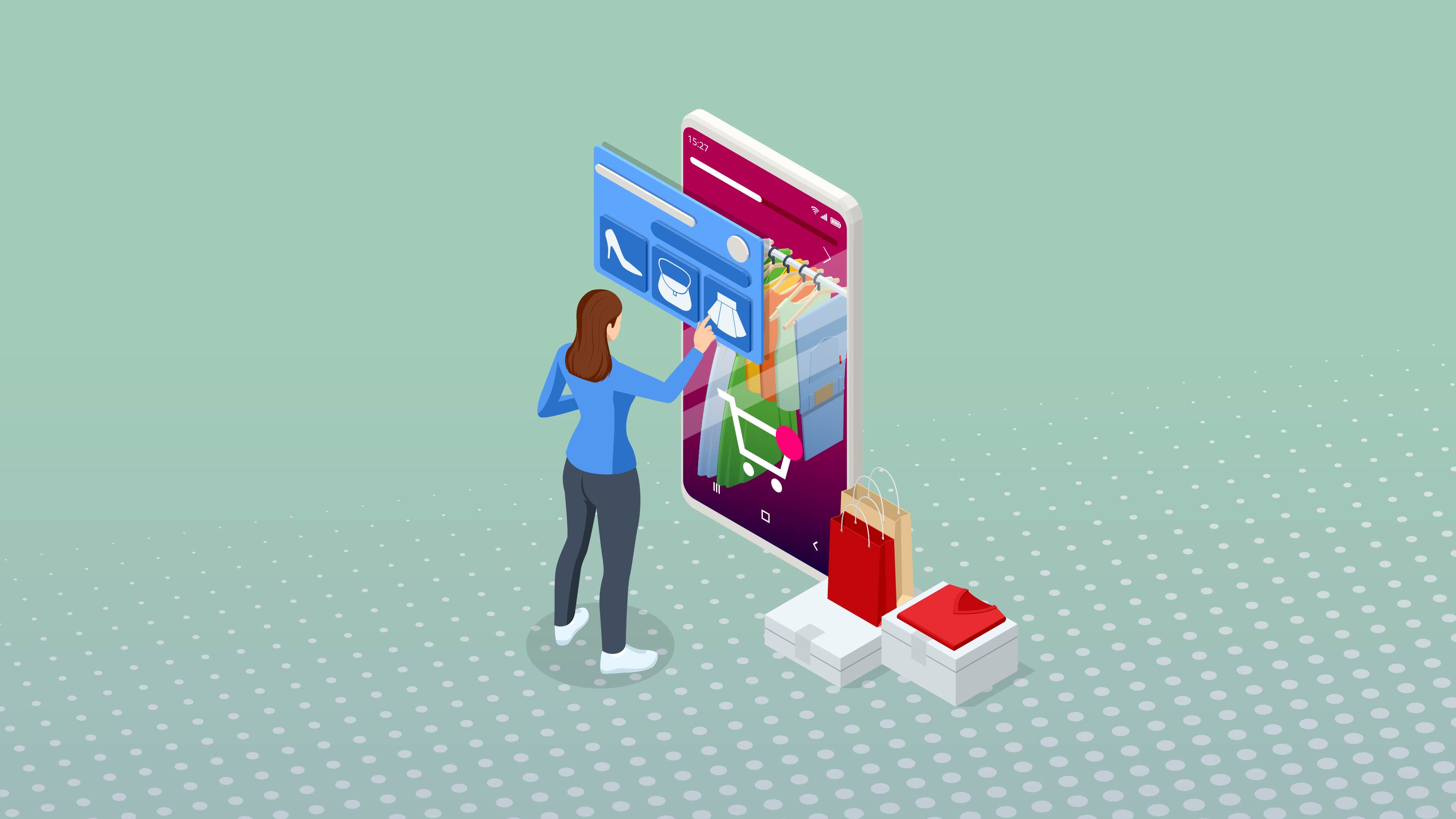 animeret kvinde shopper online på stor telefon