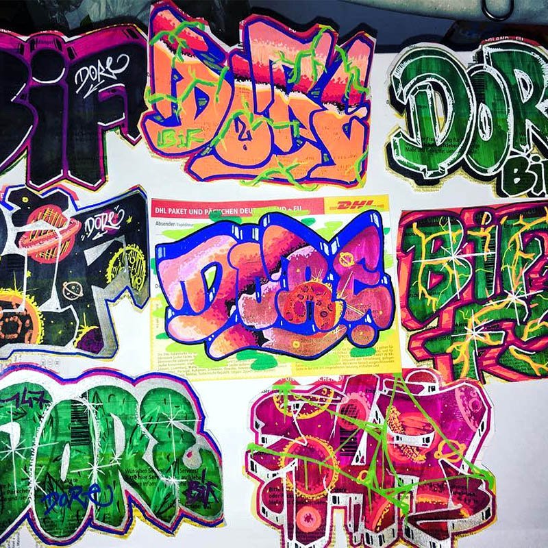 Hand-painted stickers by Berlin artist Dore Dorensen.