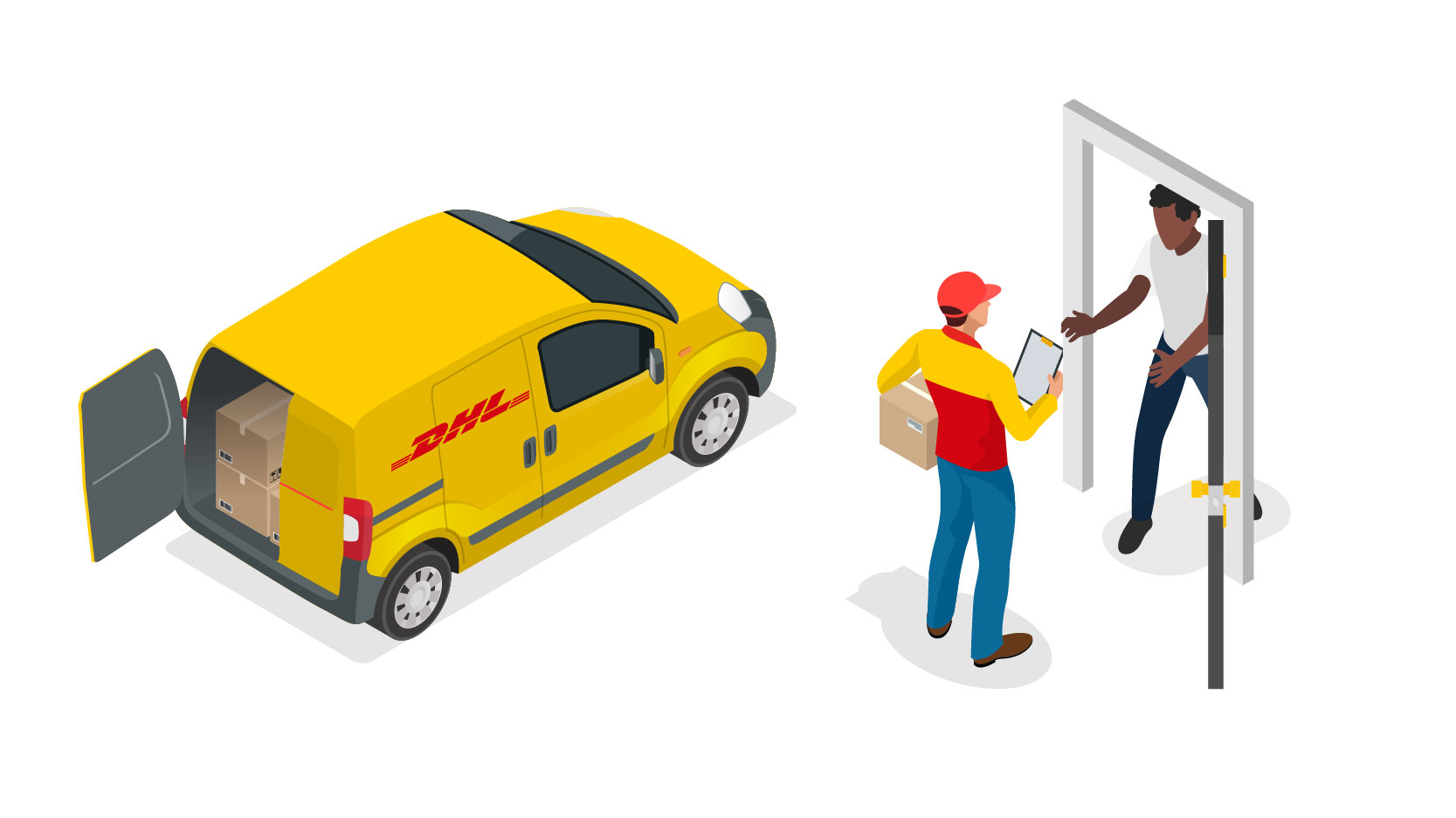 DHL yellow van with courier