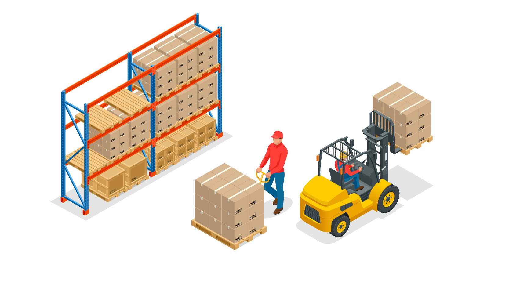 warehouse with courier and forklift