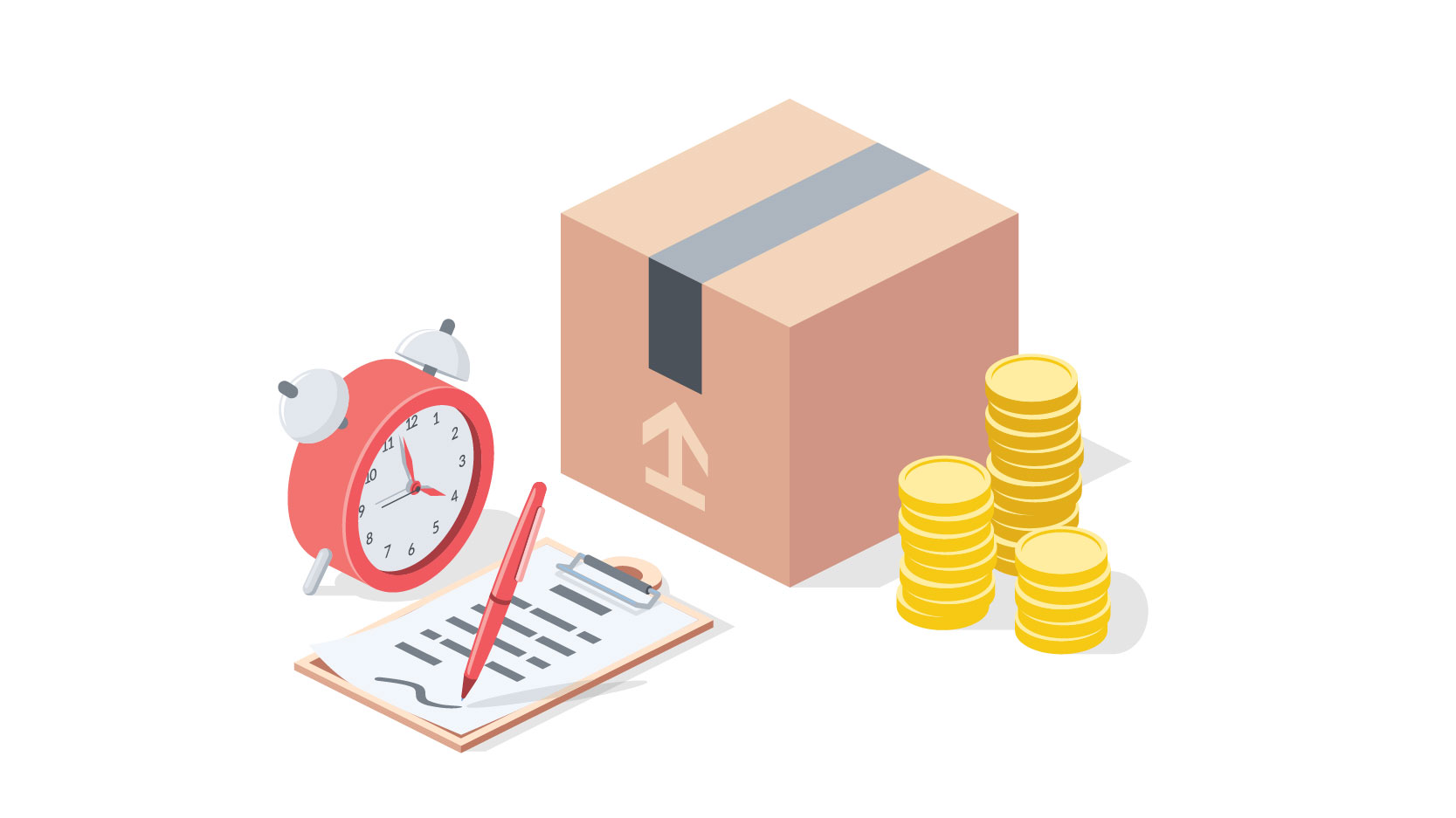 brown box, coins and red alarm clock