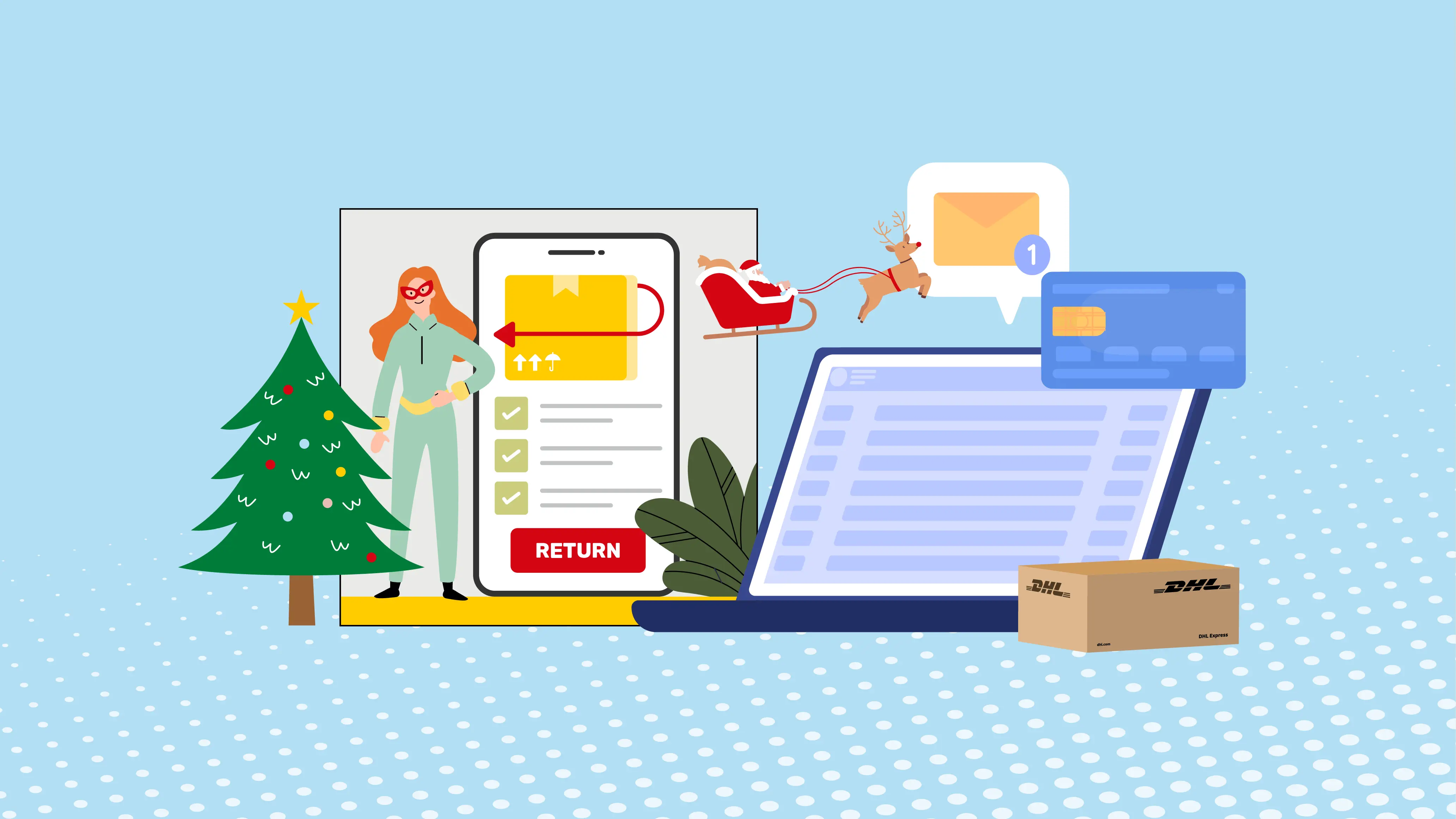 Graphic image with superhero character and holiday shopping items