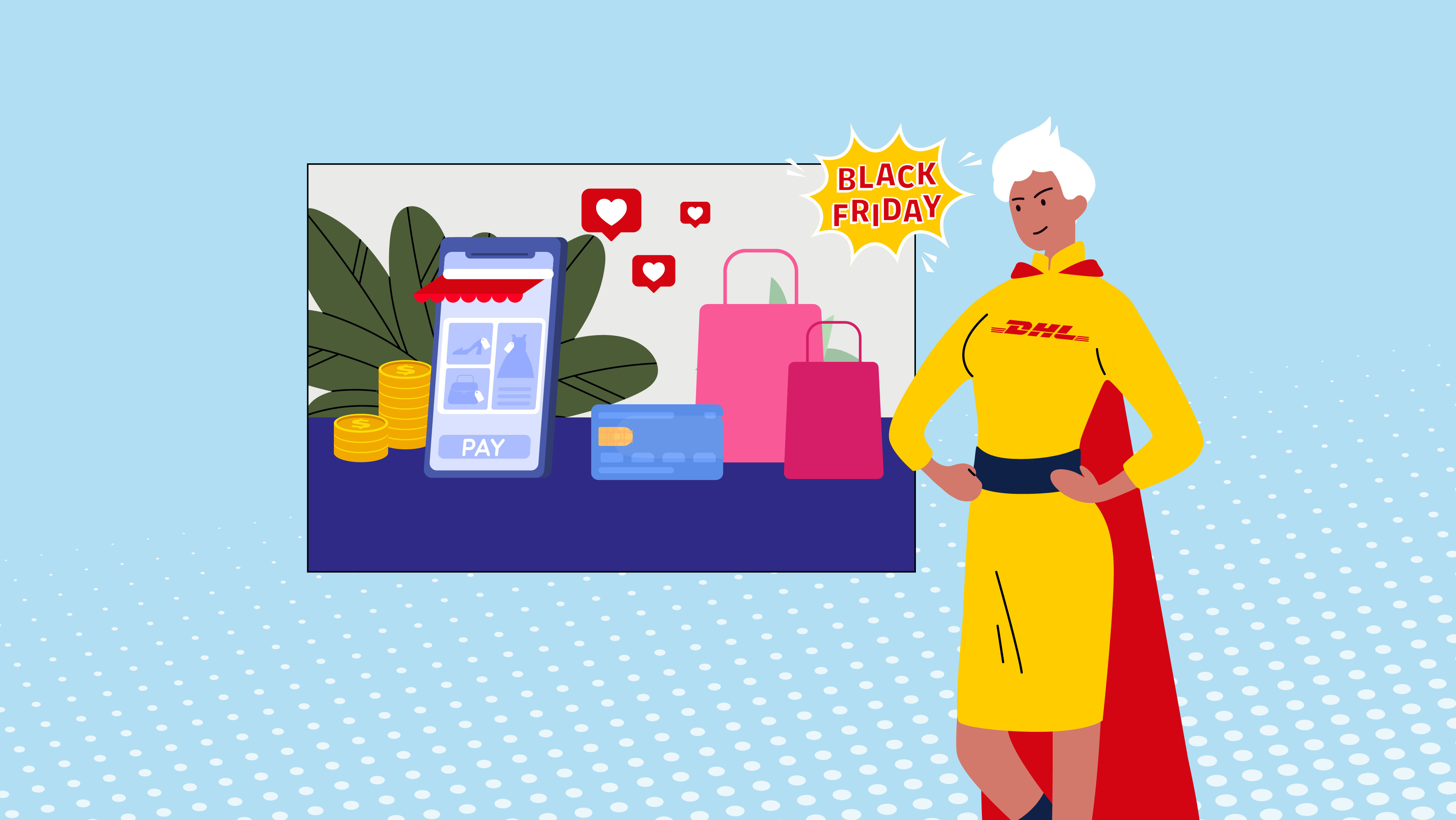 graphic image of superhero with shopping items