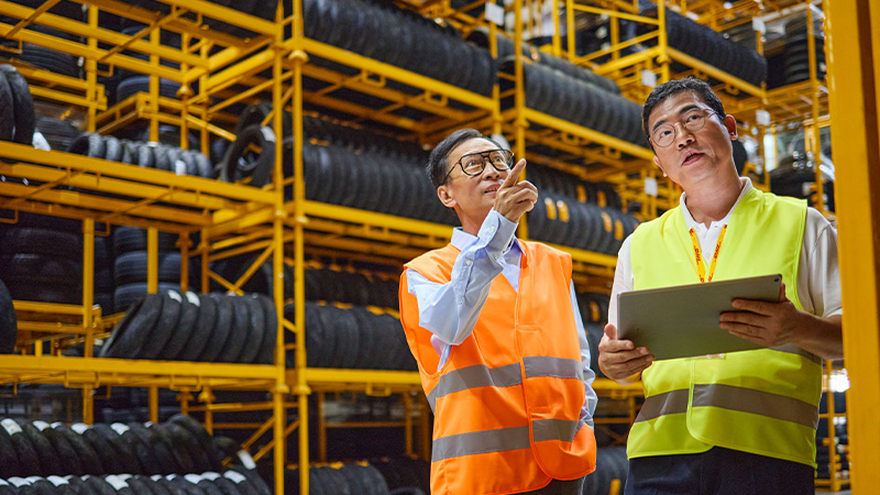 two Asian DHL employees in a warehouse